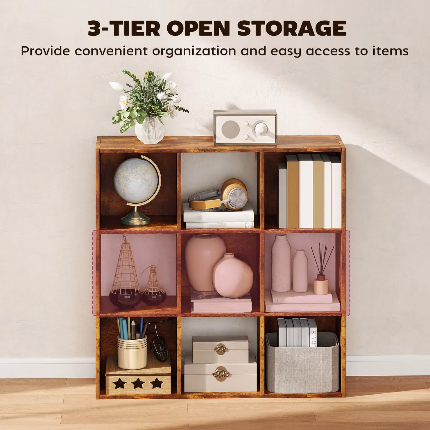 HOMCOM 3-tier Storage Cupboard Bookcase with 9 Cubes in Rustic Brown – 3