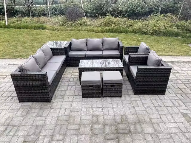 Fimous Modern Outdoor Rattan Garden Furniture Lounge Sofa Set with Oblong Rectangular Coffee Table in Dark Grey