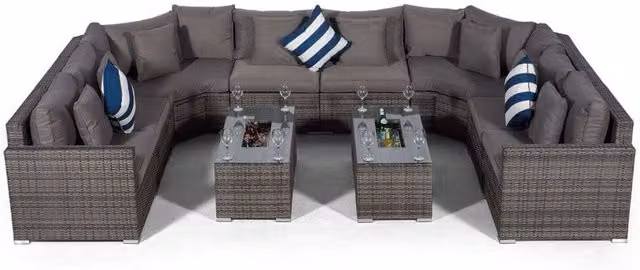 Giardino Santorini 8 Seat Rattan Sofa Set with 2 Large Drinks Cooler Coffee Tables in Grey