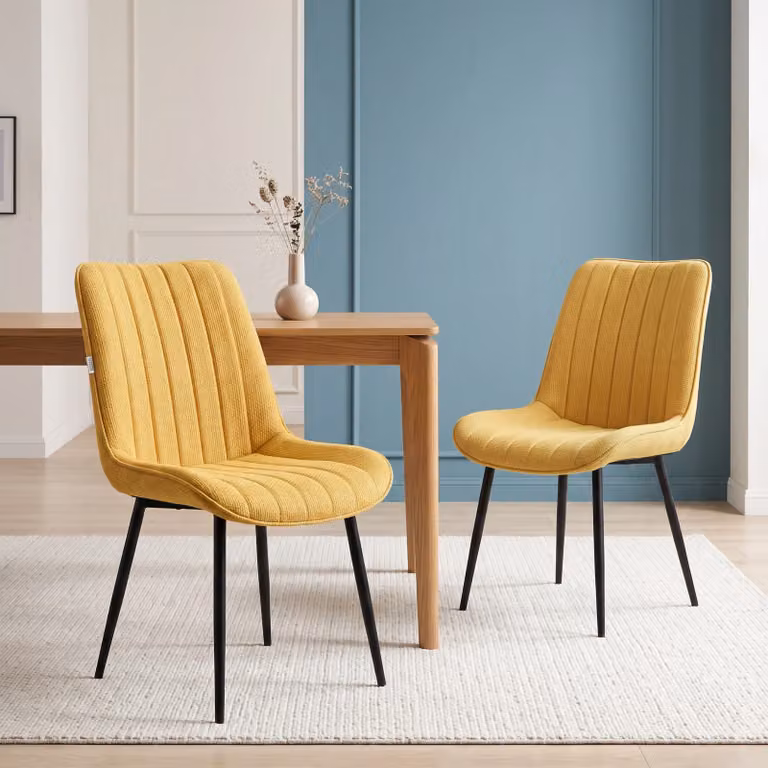 DHS Set of 2 Modern Vertical Striped Fabric Dining Chairs in Mustard Yellow