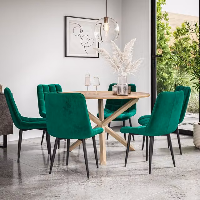 More4Homes Malvern Round Dining Table and 6 Nova Green Velvet Chairs Set with Oak Top and Solid Oak Legs, Diameter: 120 cm, Height: 75 cm