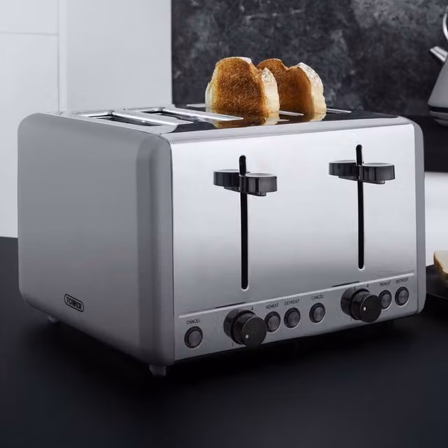 Tower Sera 4 Slice Toaster in Black and Grey with Stainless Steel Trim and Cable Storage