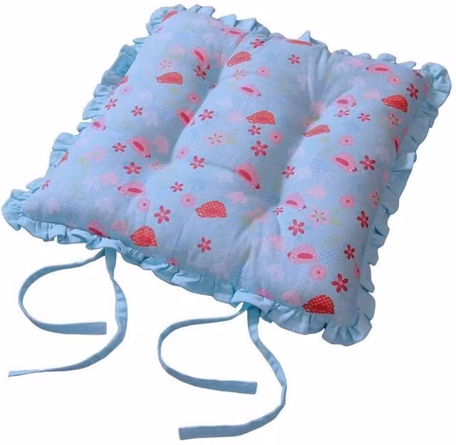 Homescapes Reversible Blue and Multicolour Frilled Cushion Seat Pad with Ties, Birds and Flowers Design, W/D/H: 40 x 40 x 40 cm