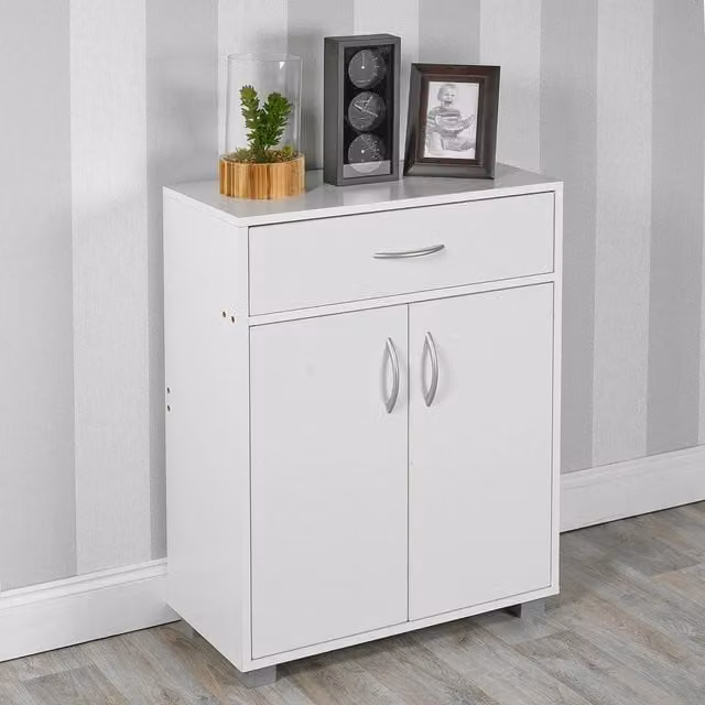 EONLION White Wooden Freestanding Cabinet with Hinged Doors and Internal Drawers for Hallway or Living Room, H 80.0 x W 60.0 x D 29.5 cm