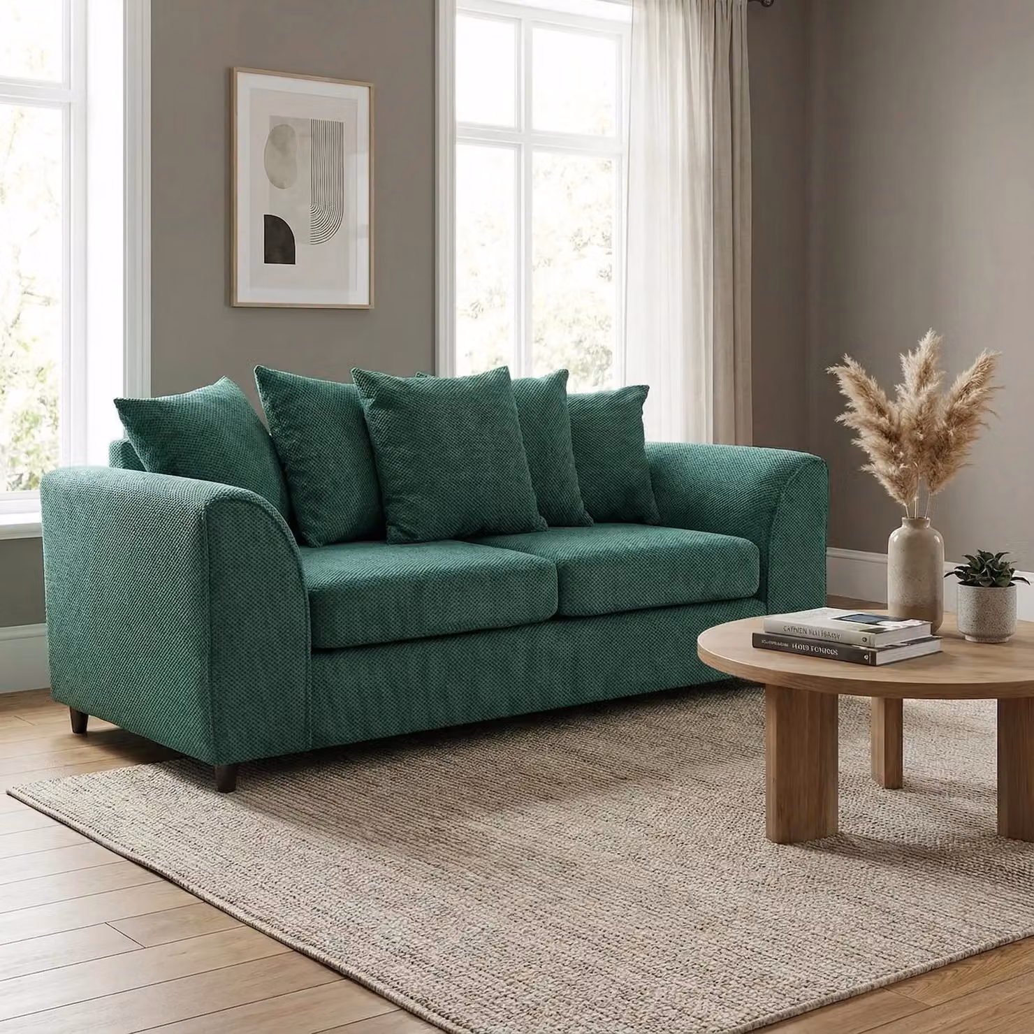 Abakus Direct Jumbo Grid 3 Seater Upholstered Fabric Sofa with Scatter Cushions in Grey, Beige or Green – 2