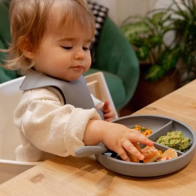 Tiny Dining Silicone Baby Suction Plate and Fork and Spoon Set in Blue and Grey