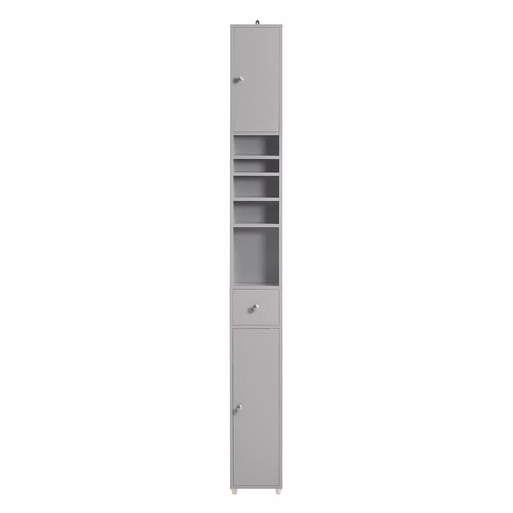 SoBuy Slim Tall Bathroom Cabinet in Light Grey, Modern MDF Storage Unit with Hinged Doors and Internal Shelves, Height: 180 cm – 2