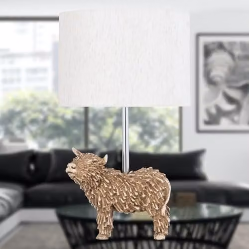 First Choice Lighting Angus Highland Cow Table Lamps Set of 2 in Brown and Beige with Fabric Shades – 4
