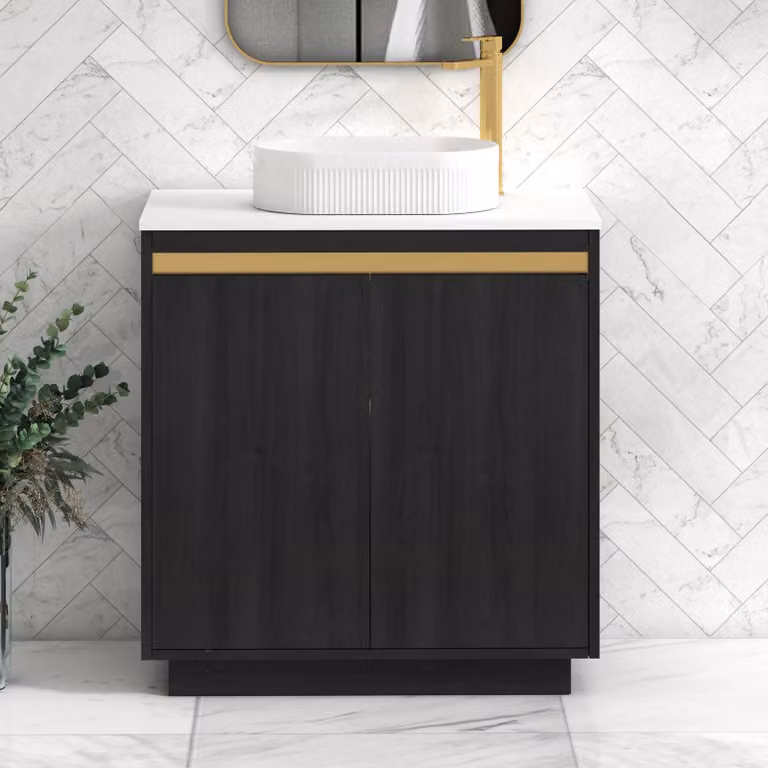 Royal Bathrooms Orion 800mm Hale Floor Standing 2 Door Vanity Unit with Lyon Basin in Black and White with Brushed Brass Accent Trim