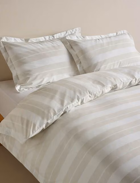 M&S Egyptian Cotton Wide Stripe Printed Bedding Set in Beige, 180 x 200 cm