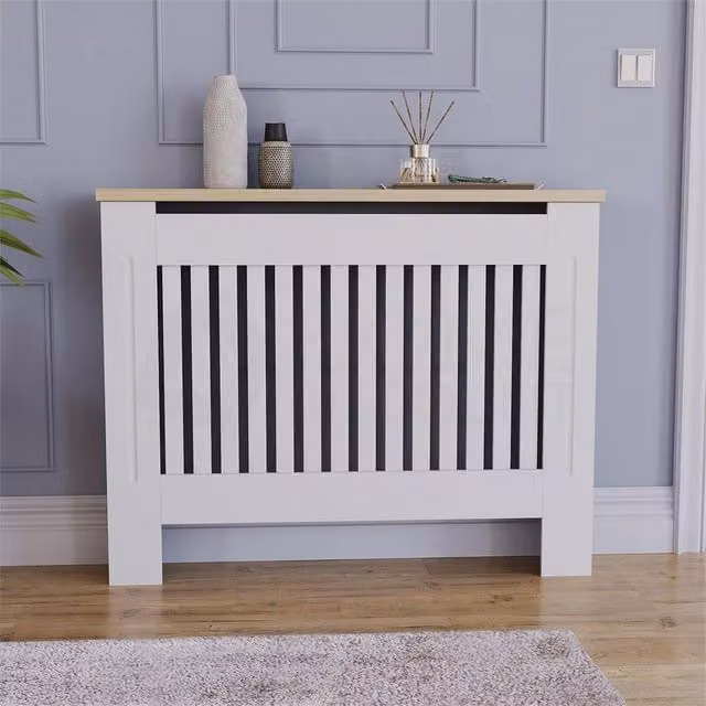 PAWNORA White Lacquered Striped MDF Radiator Cover, Medium – 1