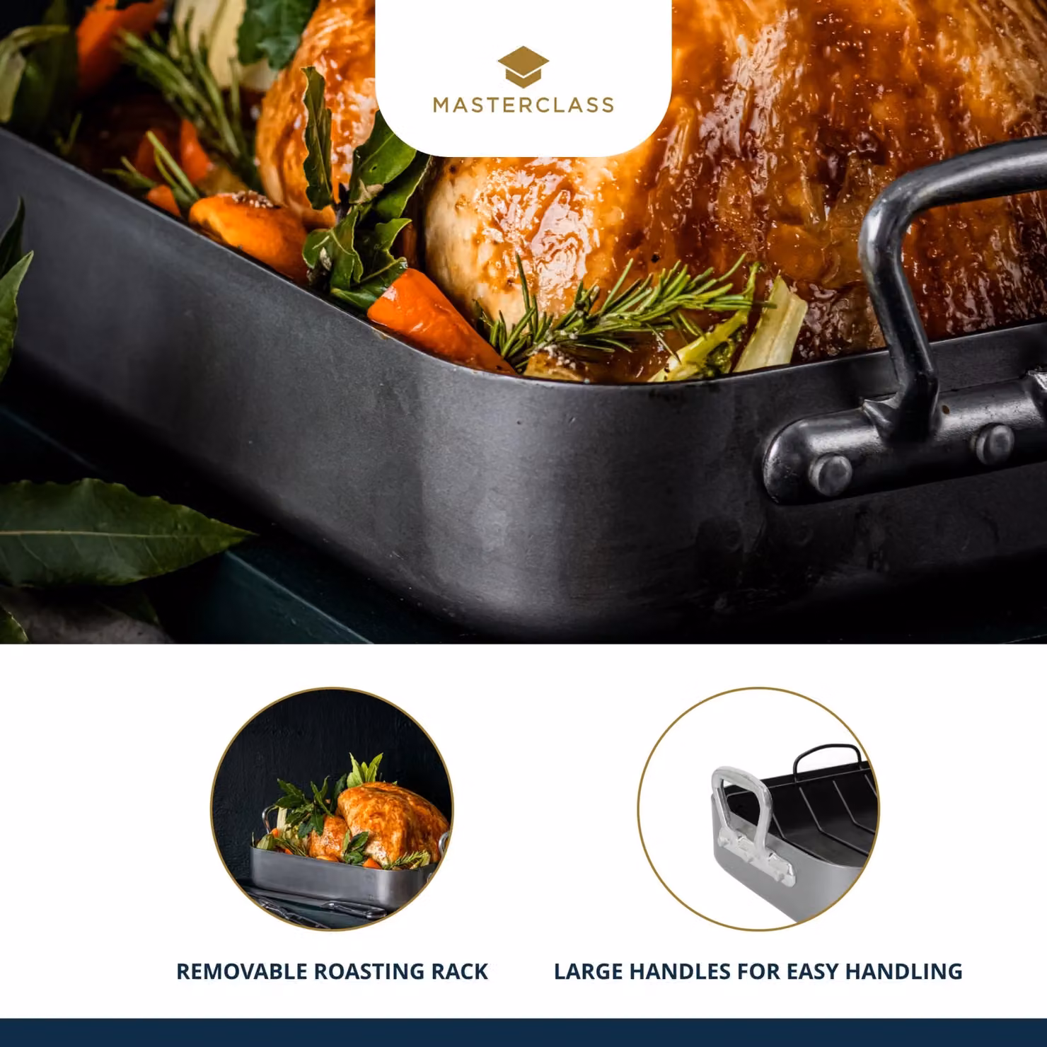 MasterClass Non-Stick Rectangular Roasting Pan with Handles in Grey – 8