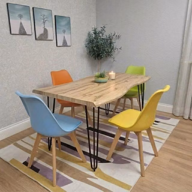 KOSY KOALA Industrial Dining Set with Brown Live Edge Wood Table and 4 Mixed Colour Chairs