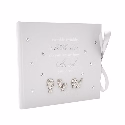 Happy Homewares Twinkle Twinkle Baby Shower Keepsake Photo Album in Grey with Silver Plated Diamante Rattle, Pram and Booties