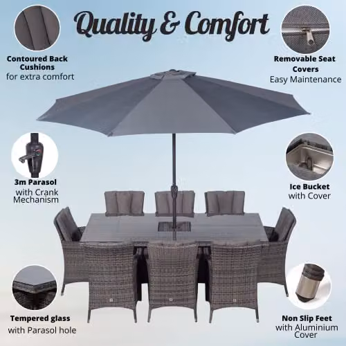 Thats Furniture Savannah 8 Seater Rattan Garden Dining Set with Ice Bucket in Grey and Brown, W/D: 200 x 100 cm – 2