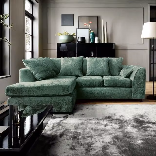Abakus Direct Harriet Left Facing Corner Sofa in Green Crushed Chenille Fabric with Scatter Cushions