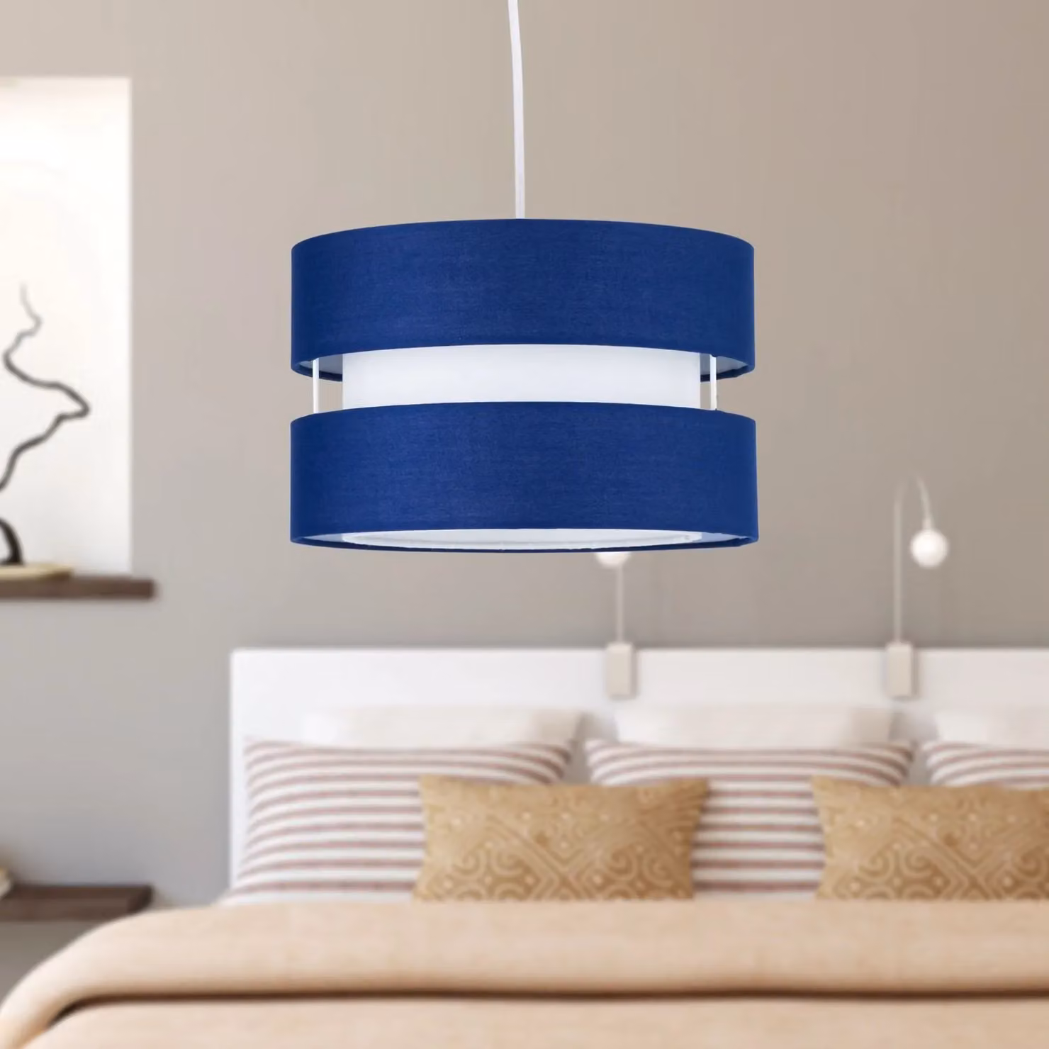 First Choice Lighting Benni Set of 2 Blue Fabric Round Easy Fit Pendant Shades, Diameter: 26 cm – 5