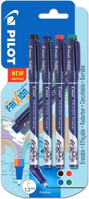 Pilot Frixion Erasable Fineliner Pens, Pack of 4, Multi-colour