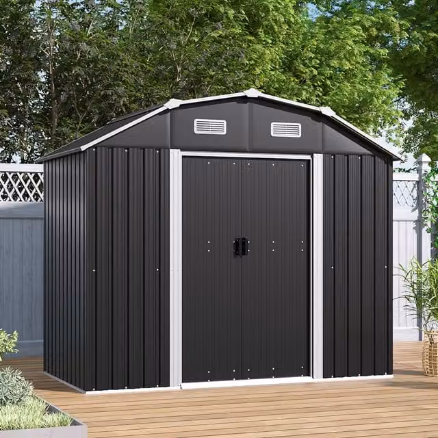 Lifeideas Modern Curved Metal Garden Shed with Sliding Doors and Shelving, Black, W/D/H: 399.4 x 131.1 x 234.7 cm