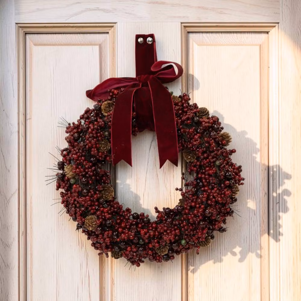 Four Candle Luxury Burgundy Berry and Pinecone Christmas Wreath with Velvet Bow, Red, Diameter: 36 cm – 2