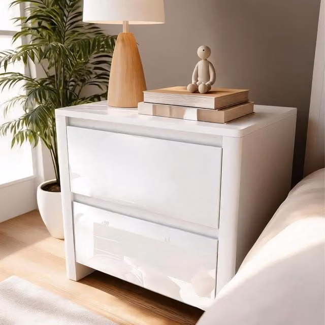 Home Source Modern White Glossy Bedside Cabinet with Drawers
