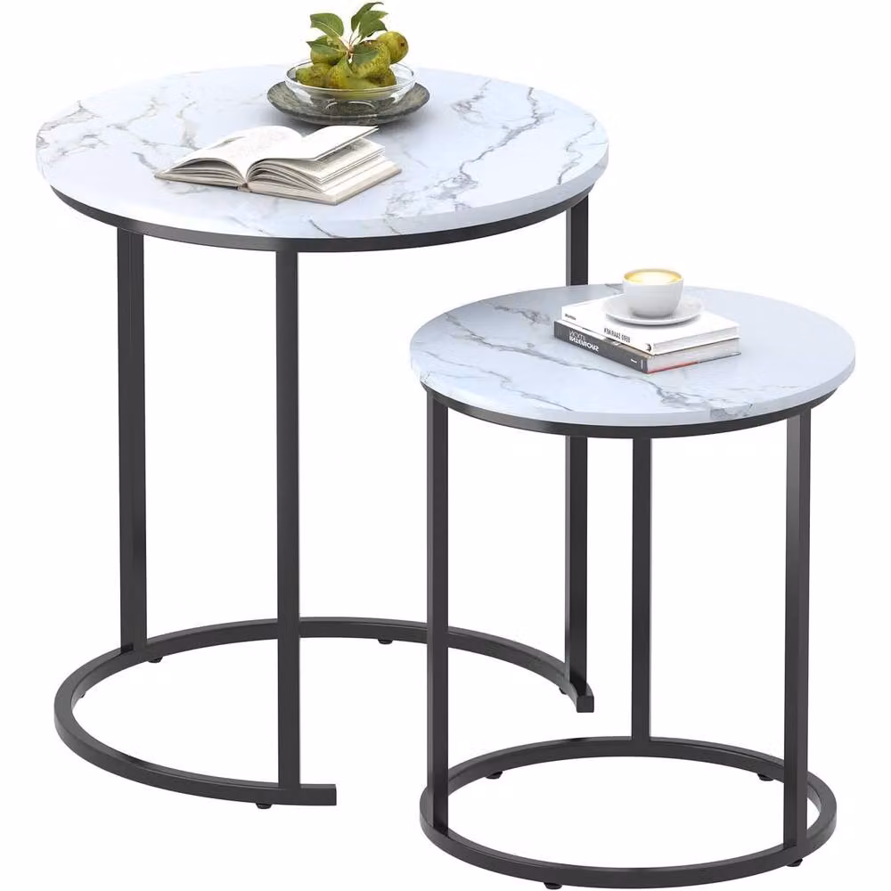 Huhote Set of 2 Round Nesting Coffee Tables with White Marble Finish Tops and Metal Frames – 2