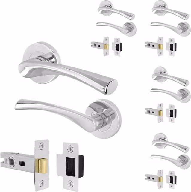 AFIT Polished Chrome Rose Door Handles with Latch, 5 Pairs, Silver