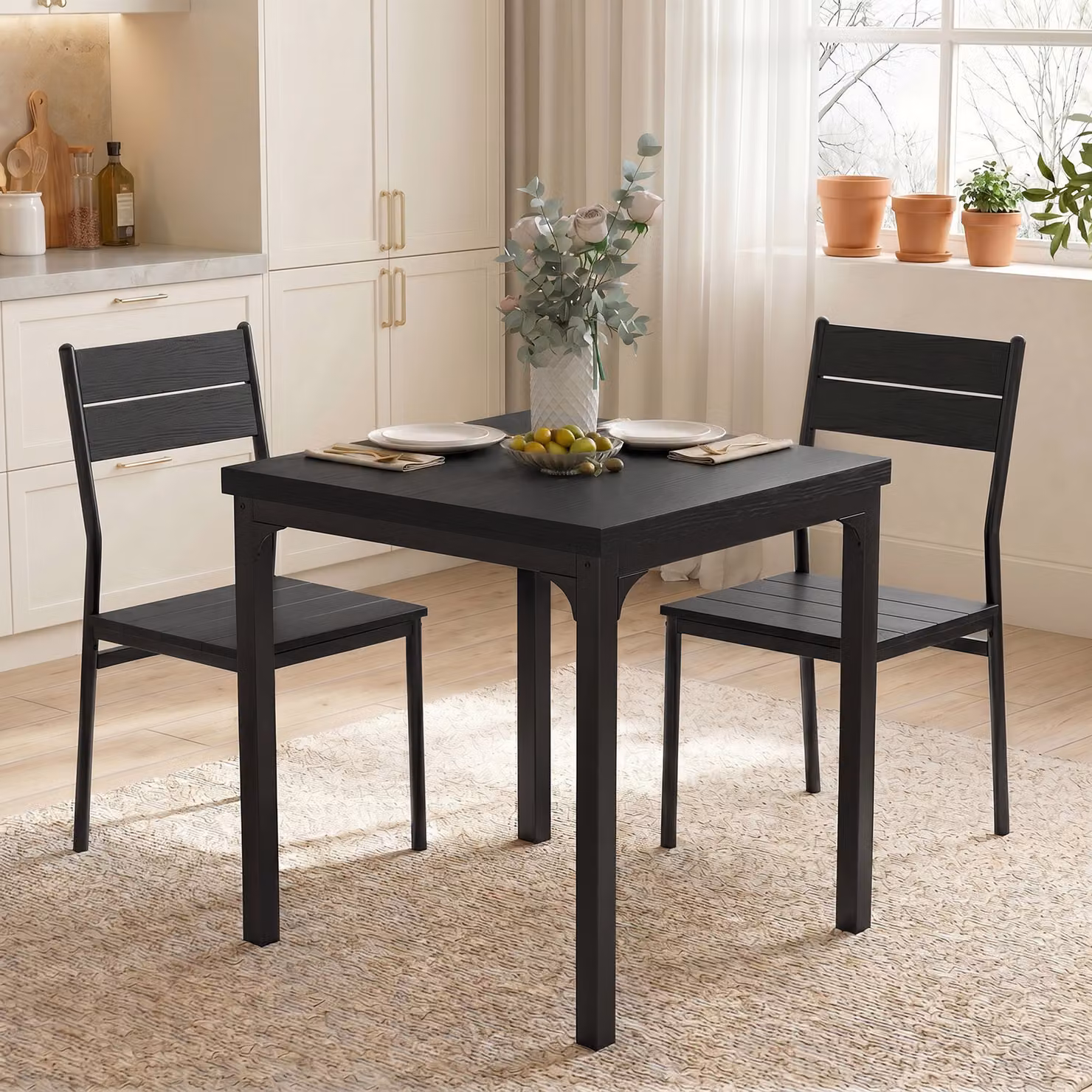 HOMCOM 3 Piece Modern Kitchen Dining Table and Chairs Set in Black Wood Effect with Metal Legs – 8