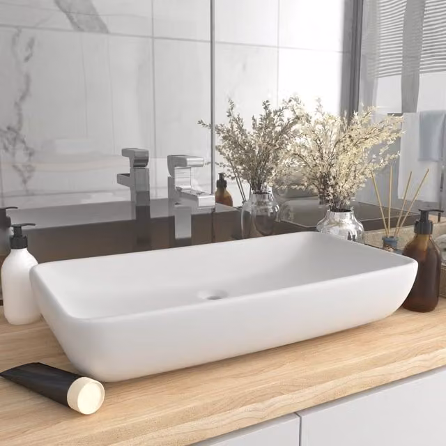 Berkfield Home Luxury Rectangular Ceramic Countertop Basin in Matt White, W: 71 cm, D: 38 cm – 1