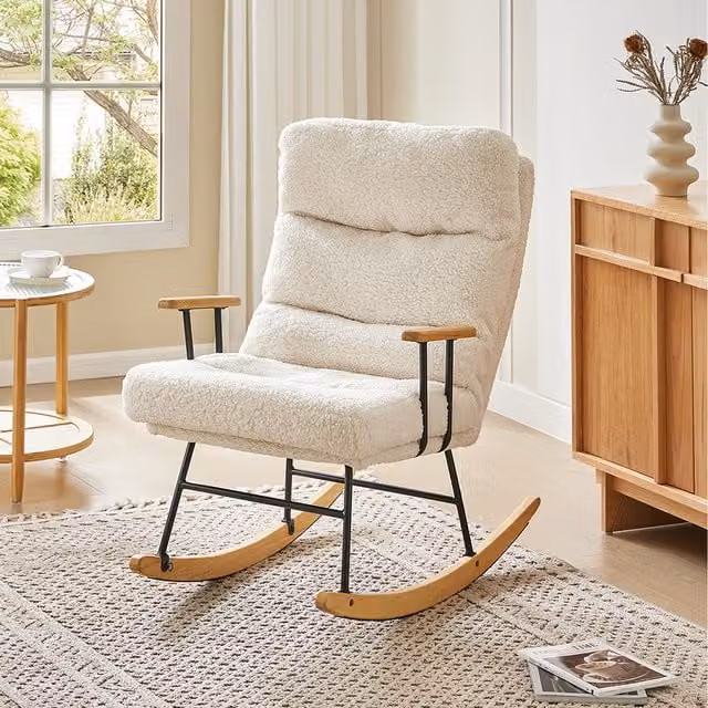 Livingandhome 3in1 Sherpa Rocking Armchair Recliner in White Bouclé Fabric