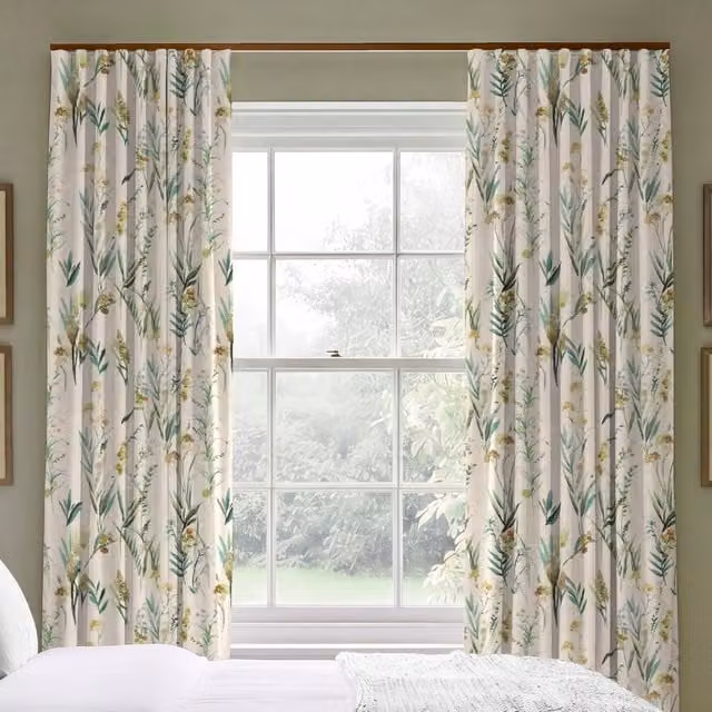 Ante Decor Combe Made To Measure Blackout Cotton Curtains in Floral Spring Design with Yellow, Green and Beige Tones