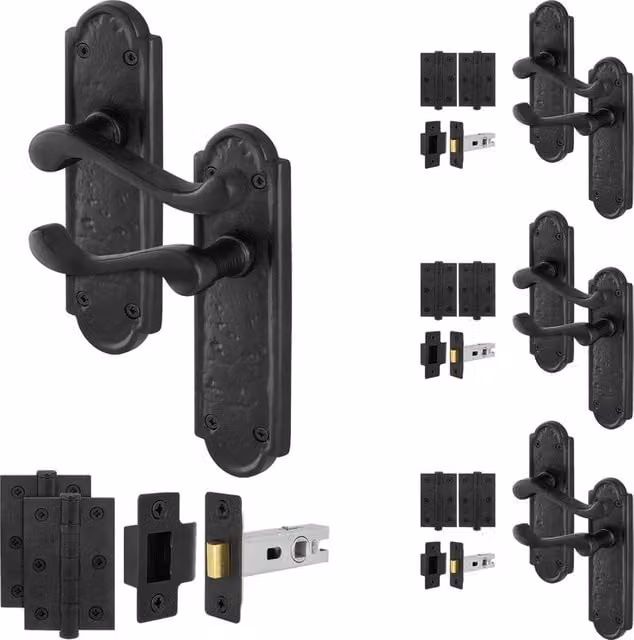 AFIT Black Antique Cast Iron Door Handle and Latch Set with 64mm Hinges, 4 Pairs, W/D/H: 15 x 15 x 1.5 cm