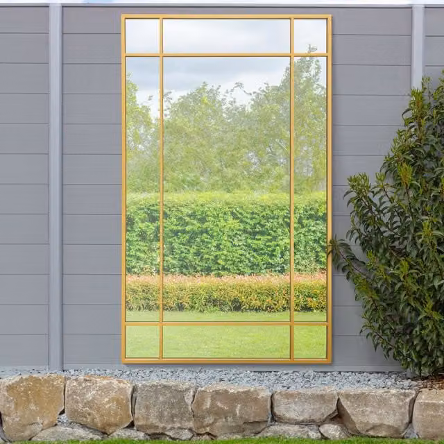Genestra Modern Rectangular Outdoor Garden Hanging Wall Mirror in Gold, W: 110 cm, H: 180 cm