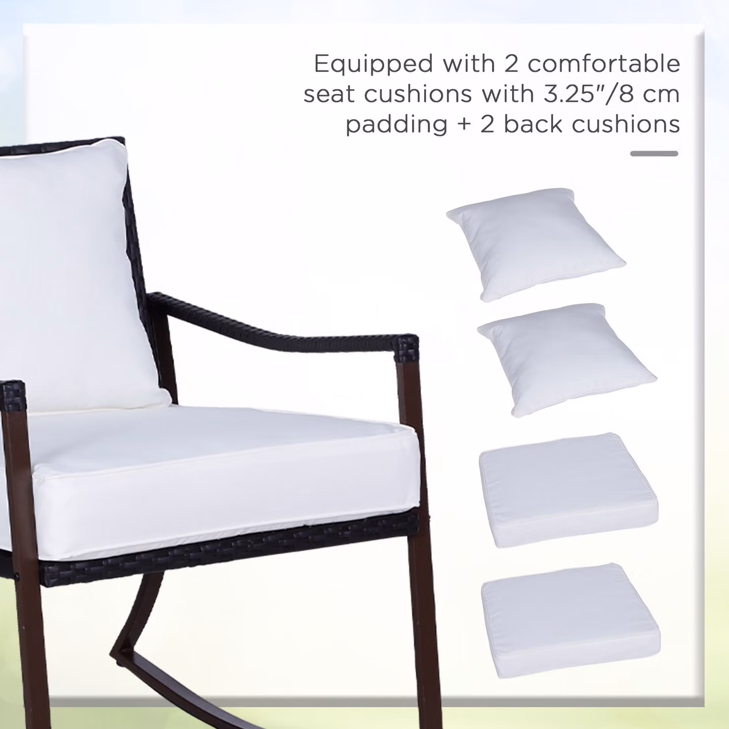 Outsunny 2 Seater Rattan Bistro Set with 2 Rocking Armchairs, Pillowed Cushions and Round Tempered Glass Coffee Table, Brown – 4