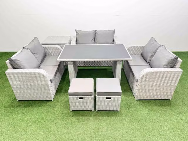 Fimous 8 Seater Rattan Garden Furniture Set with Side Table and 2 Stools in Light Grey