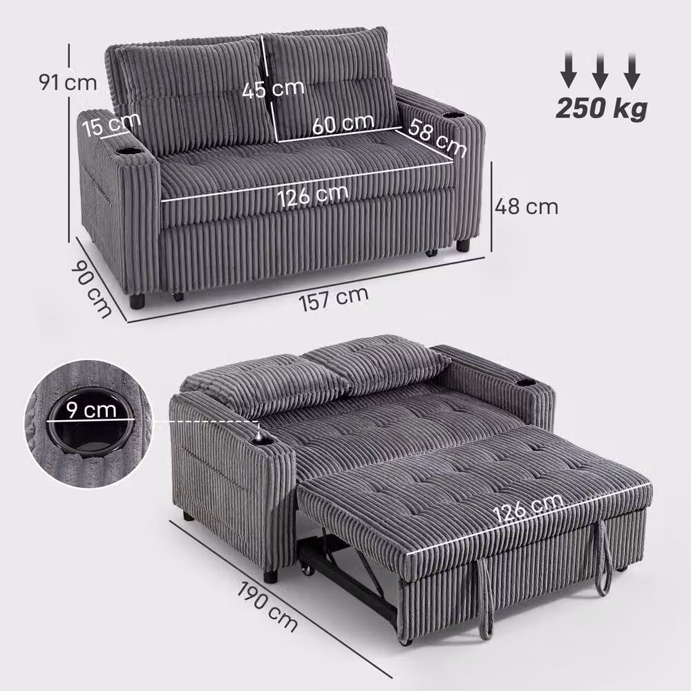 STILVORA 2 Seater Click-Clack Sofa Bed with Cup Holders in Grey – 2