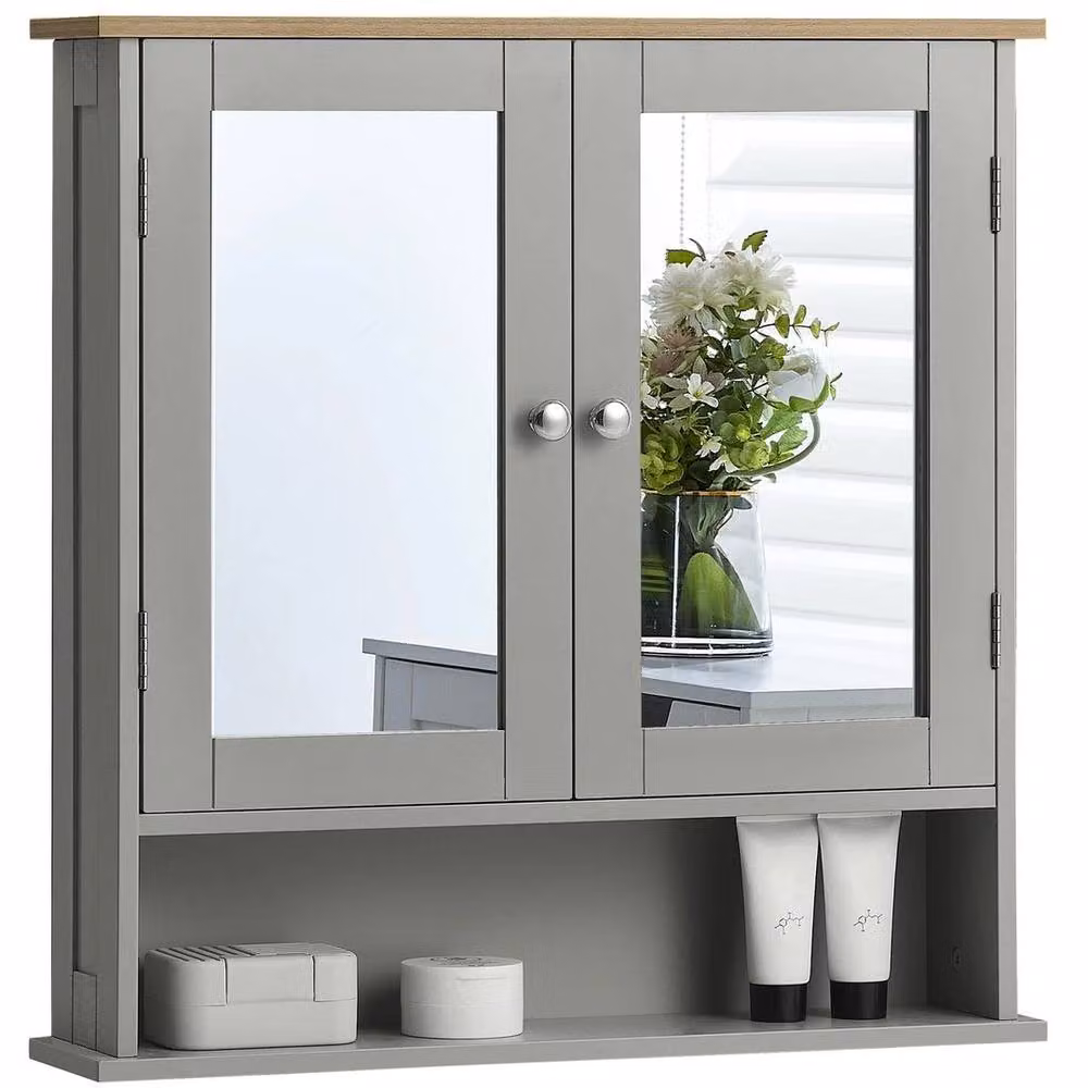 FORGEVIO Grey Wall Mounted 2 Door Mirrored Bathroom Storage Cabinet with Internal Shelves – 2