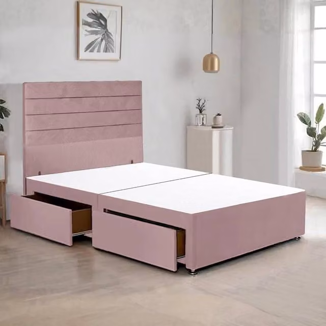 Bed Time UK Plush Velvet Divan Bed Frame with 48 inch Headboard and 2 Drawer Storage in Pink, W/D/H: 180 x 200 cm