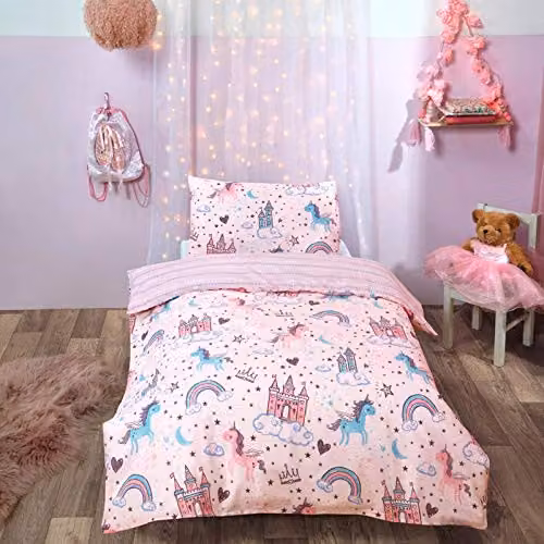 Dreamscene Unicorn Kingdom Cot Bed Duvet Cover and Pillowcase Set, Pink, Reversible, W/D/H: 135 x 200 cm, Pillowcase: 40 x 60 cm