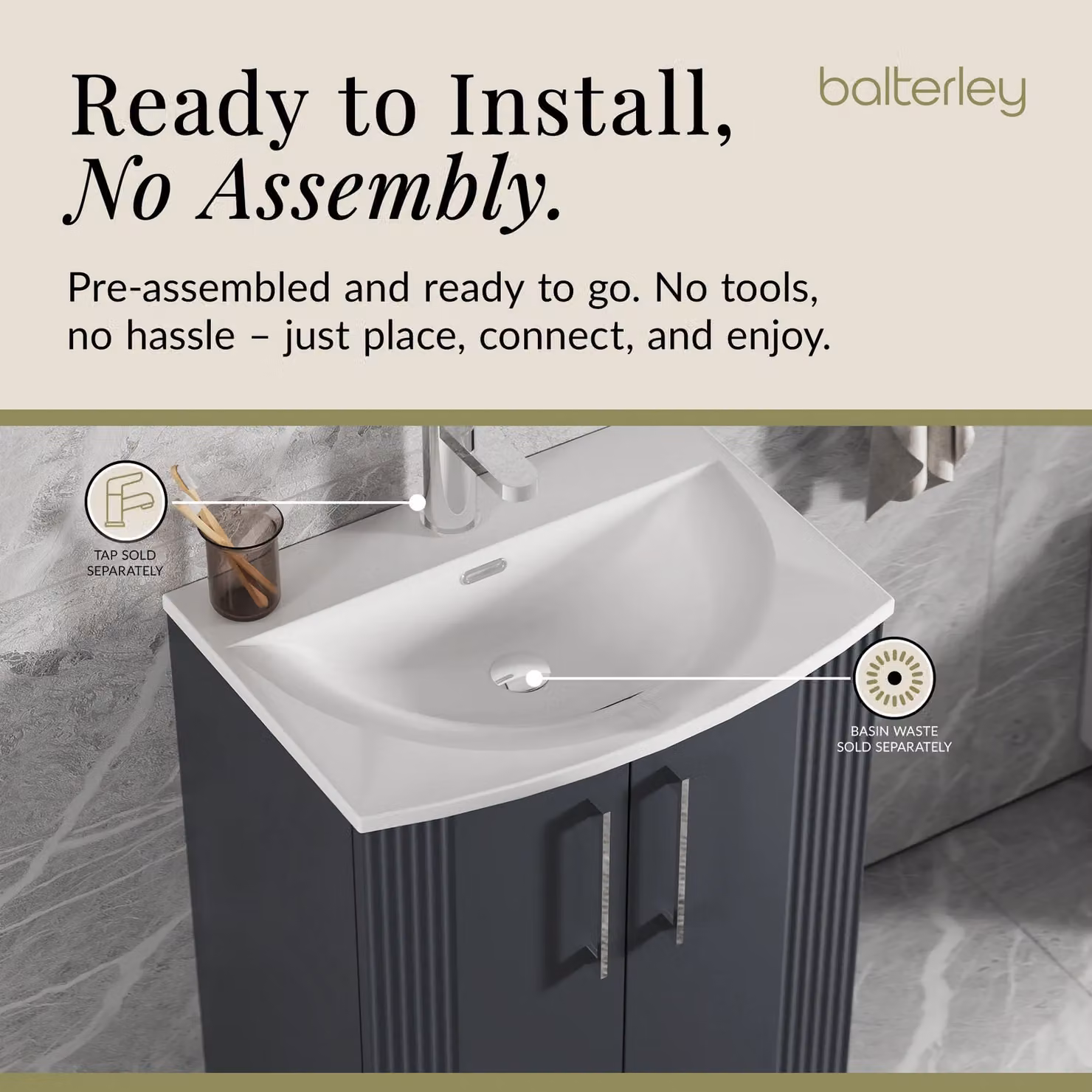 Balterley Floor Standing 2 Door Bathroom Vanity Unit with Curved Basin, Satin Dark Grey, W/D/H: 60 x 40 x 84 cm – 4