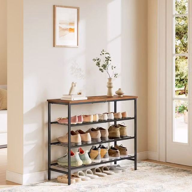 VASAGLE 4-Tier Freestanding Shoe Rack in Rustic Brown and Black