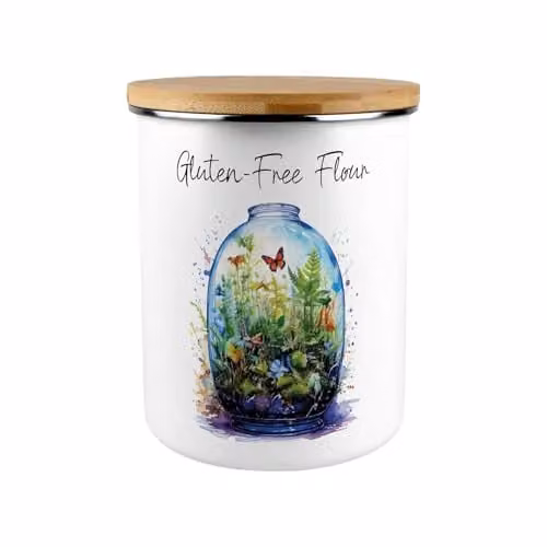 Purely Home Flourishing Terrarium Gluten-Free Flour Storage Canister, 2.7 l, Green and White Enamel with Bamboo Lid