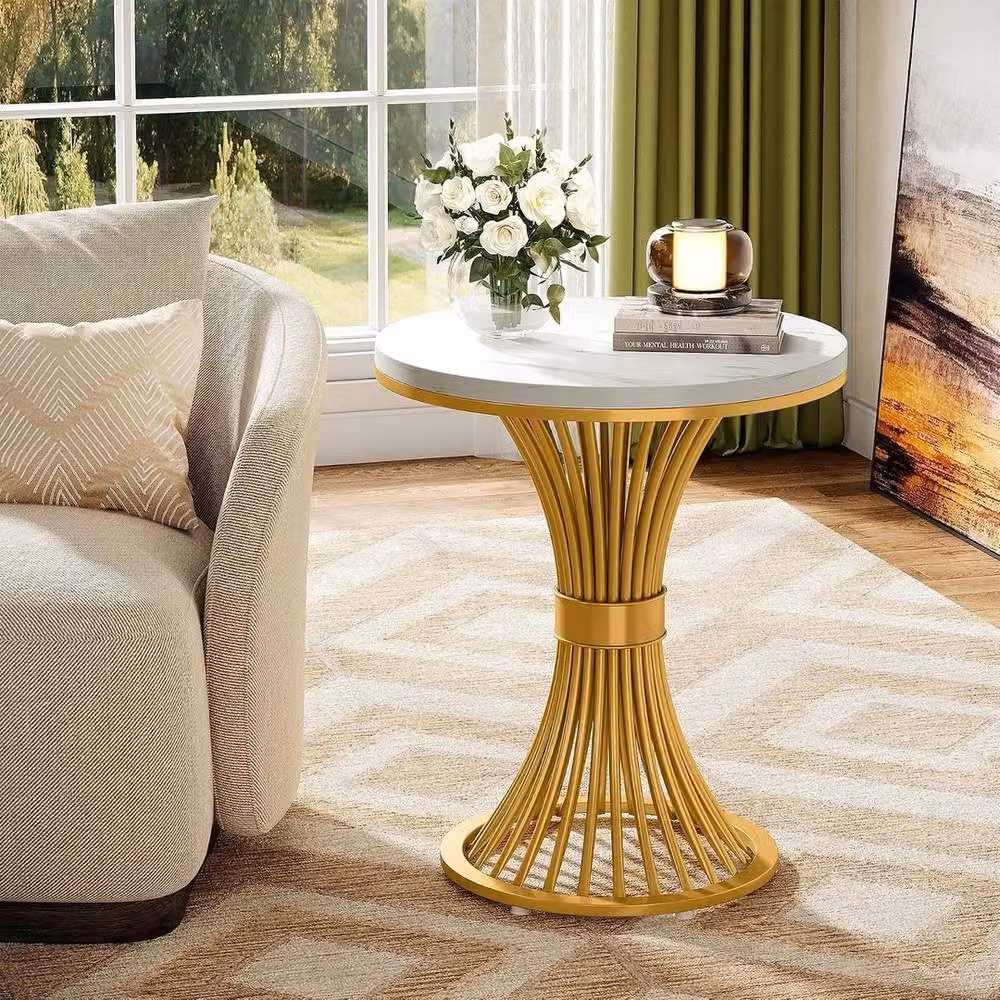 VOGREX Modern Round Faux Marble Side Table with Gold Metal Base in White, W/D/H: 50 x 50 x 60 cm – 2