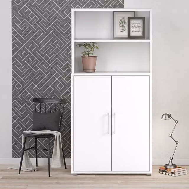Furniture To Go Prima 4-Shelf 2-Door Glossy White Modern Bookcase