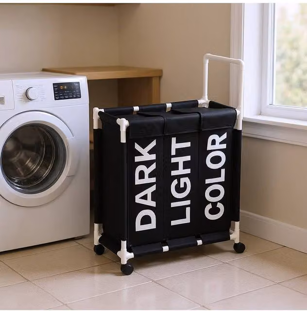 Living and Home 110L 3-Section Fabric Laundry Basket with Lid and Wheels, Jet Black – 1