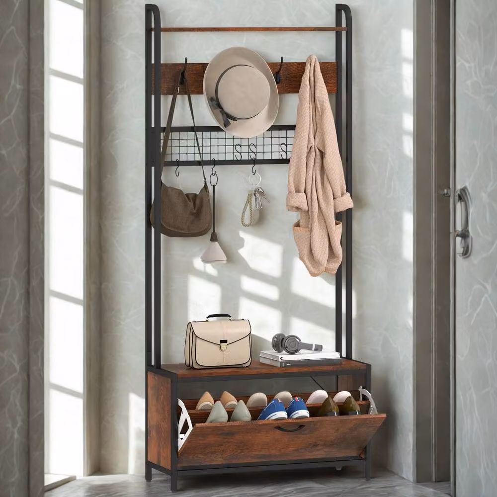 FURNOS Industrial Hall Tree Coat Rack with Bench in Brown, H 180 x W 120 x D 30 cm – 2
