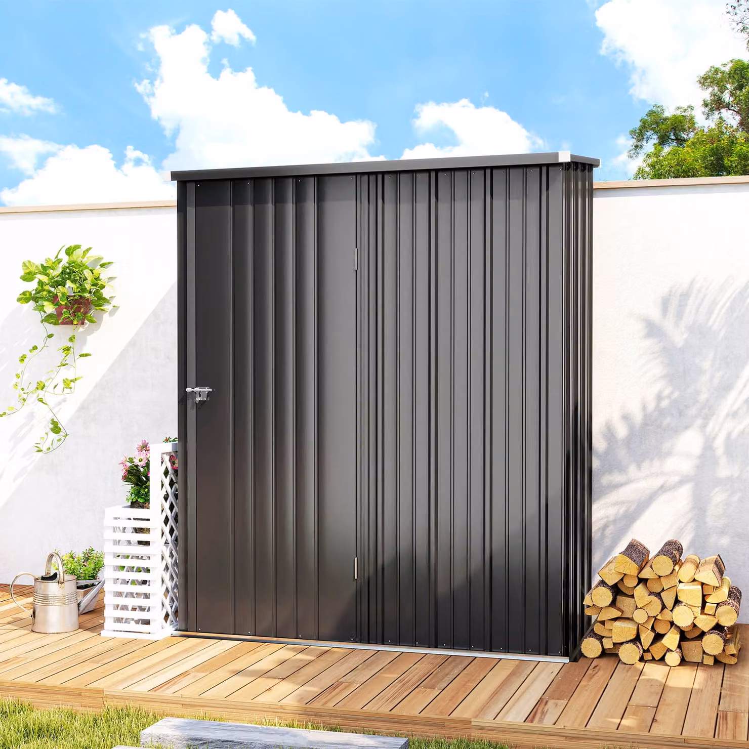 Outsunny Galvanised Steel Outdoor Storage Shed with Lockable Single Door in Grey or Black – 7