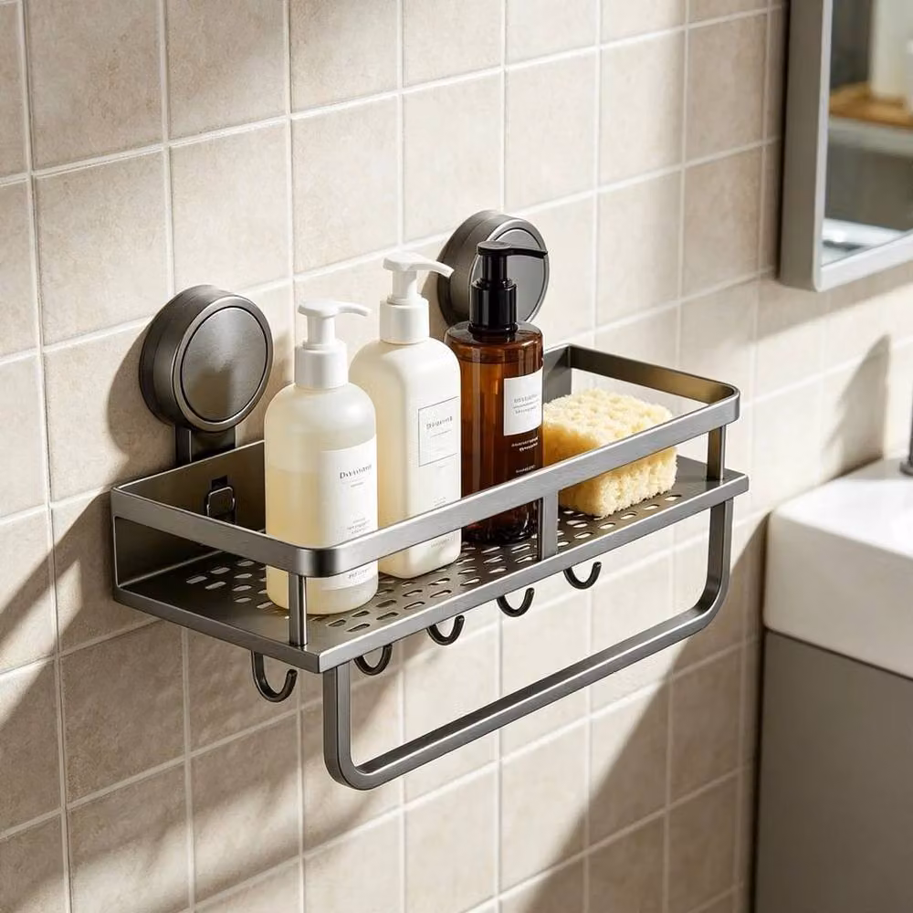 PAWNORA Black Rustproof Suction Cup Bathroom Shelf with 40cm Rod – 4