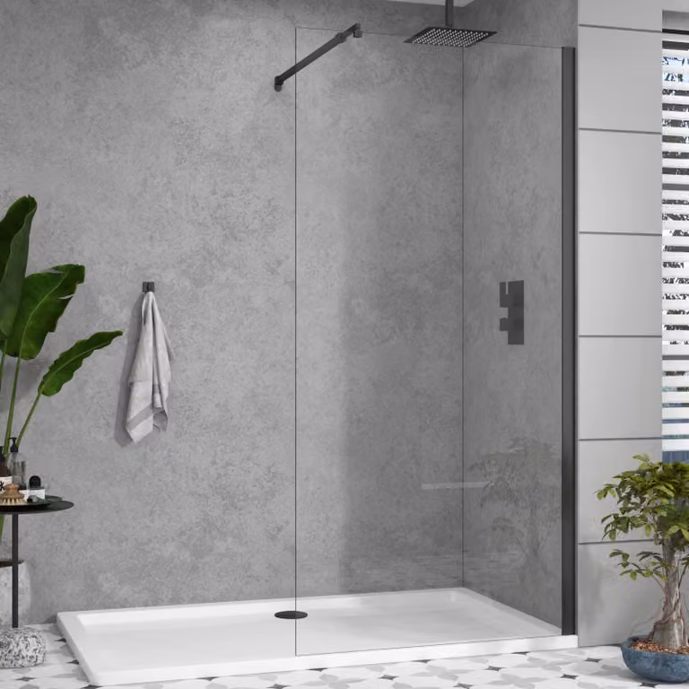 Royal Bathrooms Marbella Walk In Wet Room Shower Screen with Easy Clean Glass, Matt Black, W: 185 cm, D: 70 cm, H: 8 mm