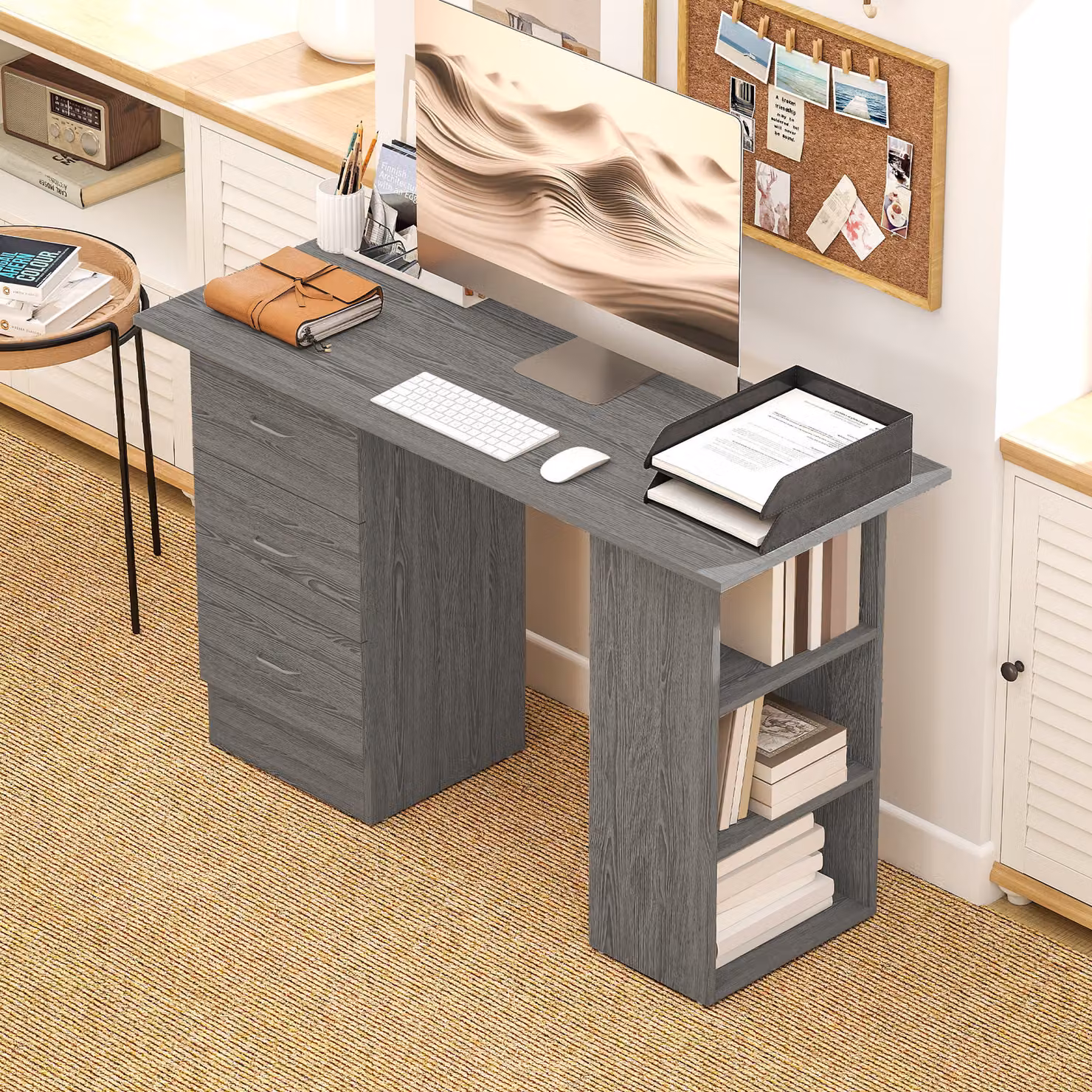 HOMCOM Grey Computer Desk and Writing Table with 3 Storage Shelves and Drawers for Home Office – 6